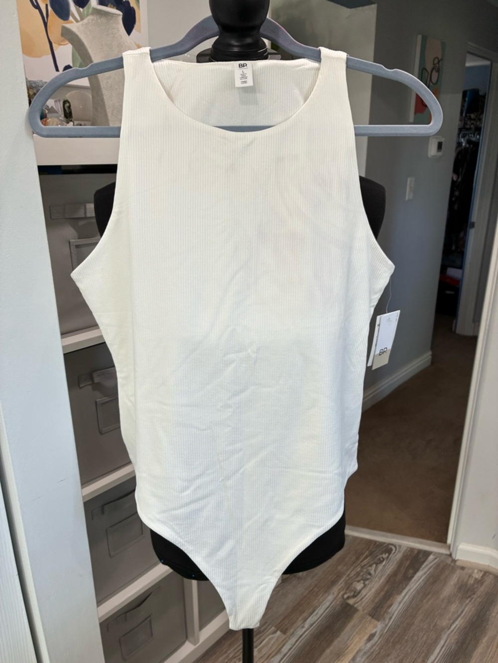 bp White Ribbed Scoop Neck Thong Bodysuit